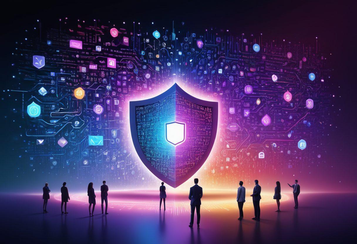 A modern digital landscape showcasing a shield made of binary code, symbolizing financial protection. Include a diverse group of individuals confidently using technology, such as smartphones and laptops, surrounded by digital locks and cybersecurity elements. Incorporate vibrant colors to create an engaging and optimistic atmosphere, representing a secure future. Illustrate a blend of tech and finance motifs, portraying the essence of the digital age. 3D. vibrant colors. high resolution.