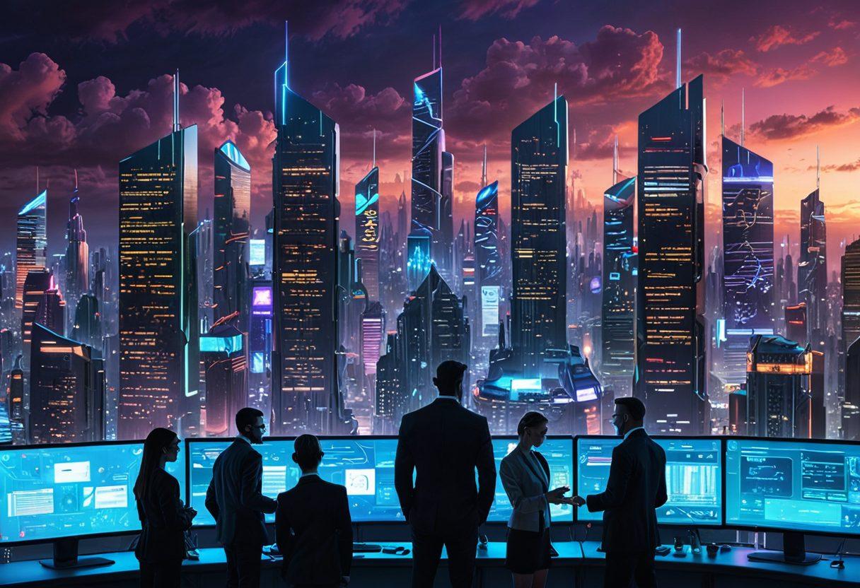 A futuristic city skyline integrating digital interfaces, showcasing insurance themes like cybersecurity, protection shields, and digital currency symbols. The foreground features a diverse group of individuals discussing their insurance options, with holographic displays illustrating coverage choices. The color palette is vibrant with neon lights contrasting against a twilight sky. cyberpunk. vibrant colors. 3D.